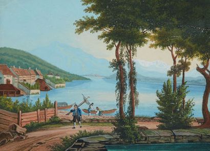 ÉCOLE SUISSE du XIXe siècle Deux gouaches sur papier figurant des paysages lacustres.
Dim.:...