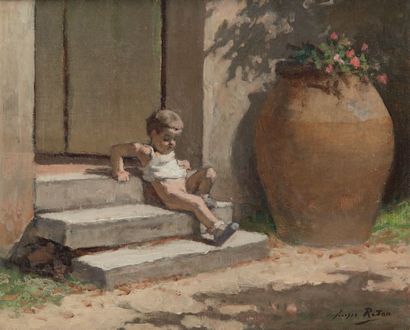 Georges Redon (1869-1943) Jeune enfant sur des marches.
Huile sur toile signée.
Dim.:...