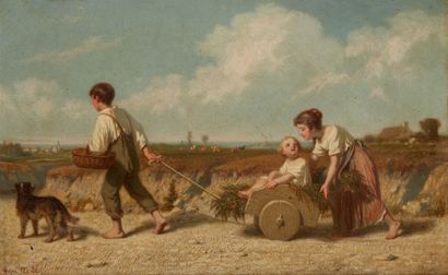 Hugues MERLE (1823-1881) Enfants à la charette et au chien.
Huile sur toile, signée...