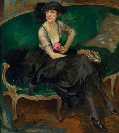 Pierre GERBER (né en 1887) Femme en robe noire à l'éventail, 1920.
Huile sur toile,...