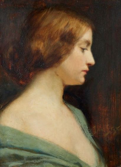 Jan STYKA (1858-1925) Portrait de femme de profil.
Huile sur carton signée en bas...