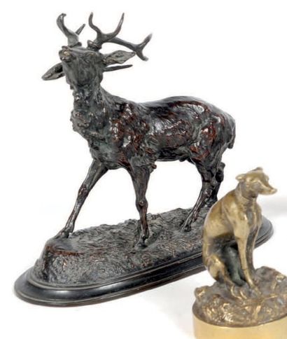 F. PAUTROT (1832-1874) Cerf au brame.
Bronze à patine brune, signé sur la terrasse,...