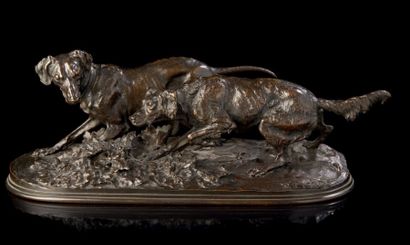 Pierre Jules MENE (1810-1879), d'après Deux chiens à l'arrêt.
Epreuve en bronze à...