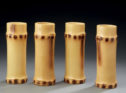 POL CHAMBOST (1906-1983) 
Suite de quatre verres façon bambou en céramique émaillée....