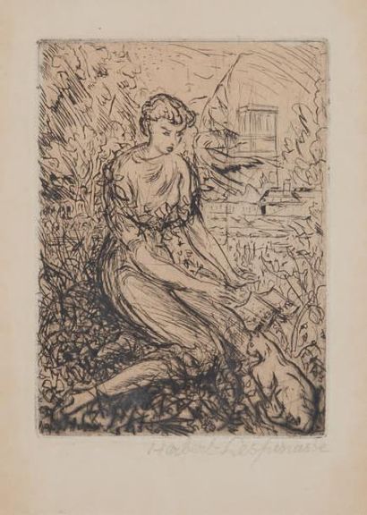 Herbert Lespinasse (1884-1972) 
Jeune femme au chat
Pointe sèche
Dim.: 12 x 9 cm
