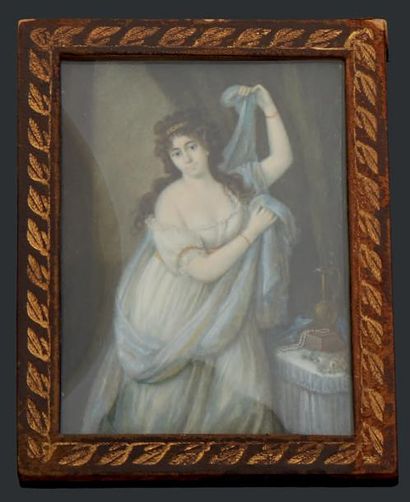 École ÉTRANGÈRE du XIXe siècle Portrait d'une femme à sa toilette en robe de voile...