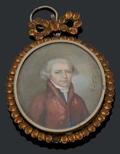V. LOPEZ (Ecole Espagnole vers 1800) Portrait d'un homme de qualité en habit brun-rouge.
Miniature...