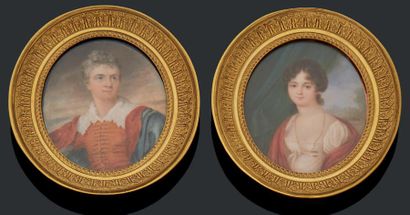 École Française du XIXe siècle Portrait d'un couple de personnages.
Deux miniatures...