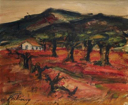 Franz PRIKING (1929 - 1979) 
Maison dans un paysage montagneux.
Huile sur toile signée...