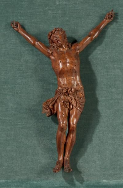 null Christ vivant en tilleul sculpté; il est représenté la tête légèrement levée...