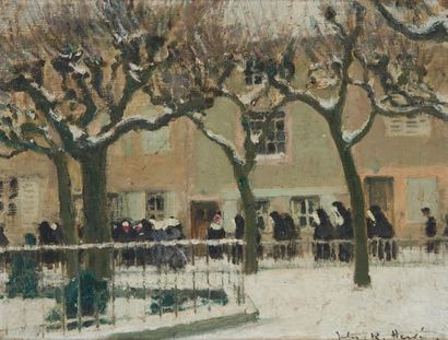 Jules René HERVÉ (1887-1981) 
Place de village sous la neige
Huile sur toile marouflée...
