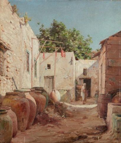 Cécile BOUGOURD (1857-1941) 
Le souk des teinturiers à Tunis
Huile sur toile, signée...