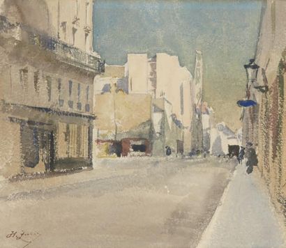 École FRANÇAISE du XXe siècle 
Vue d'une rue de Paris
Aquarelle signée en bas à gauche.
Dim.:...