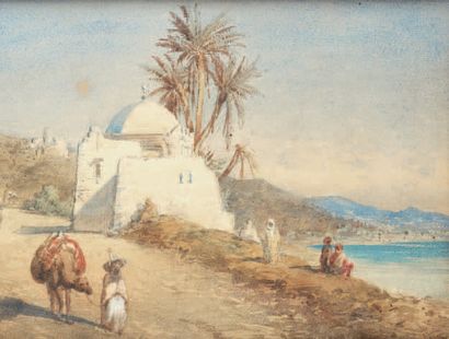CHARLES CAMINO (1824-1888) 
Chemin en bord de mer en Afrique du Nord
Aquarelle, signée...