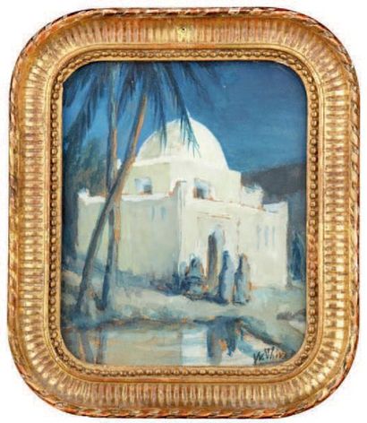 Yvonne THIVET (1888-1972) 
Maison aux palmiers en Afrique du Nord
Gouache signée...