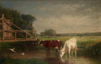 Paul CHEVANDIER de VALDROME (1817-1877) 
Huile sur toile figurant deux vaches au...