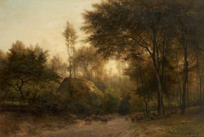 César de COCK (1823-1904) 
Berger et moutons en forêt, 1869
Huile sur toile, signée...