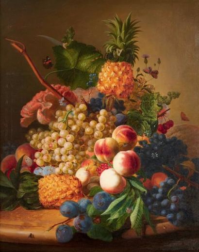 École Française du XIXe siècle 
Huile sur toile figurant une nature morte aux fruits.
Porte...