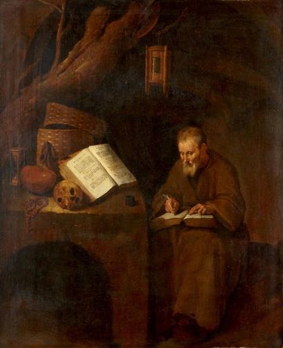 Attribué à Quiringh Gerritsz van BREKELENKAM (1620 - 1668) 
Ermite dans son atelier
Panneau...