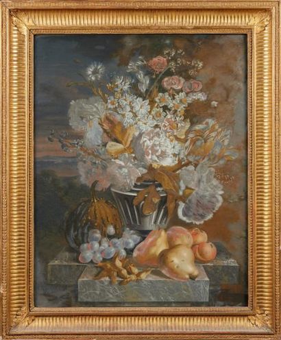 PGP COLIN *** (Ecole Française vers 1800) 
Vase de fleurs, poires et coloquinte sur...