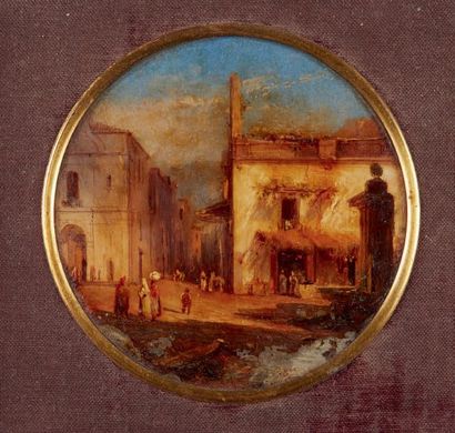 Antoine Sminck PITLOO (1790 - 1837) 
Sérénade sous une treille; vue d'un village.
Paire...