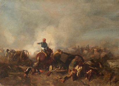 Clément Auguste ANDRIEUX (1829-1880) 
Scène de combat.
Huile sur toile signée en...