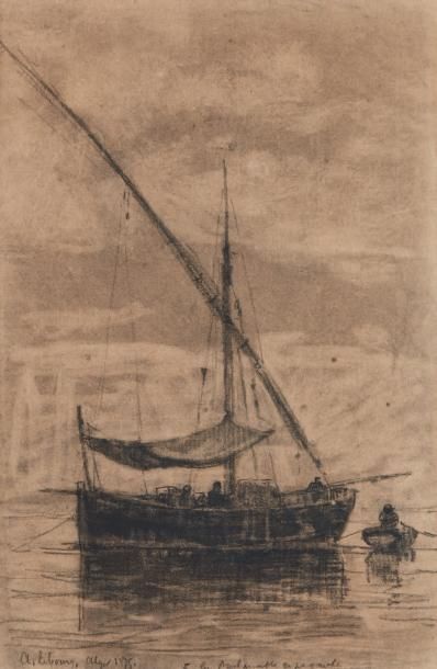 Albert Marie LEBOURG (1849-1928) 
Barque de pécheurs en mer, Alger 1875
Fusain sur...