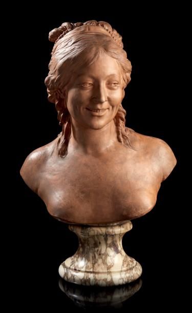Jean Antoine HOUDON (1741-1828), d'après 
Buste en terre cuite représentant une jeune...