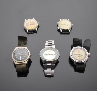 BULER, MONET, SINSA Ensemble de cinq montres bracelet dont une pour l'armée Russe...
