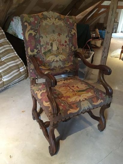 null Paire de fauteuils à entretoise. Style Louis XIII. Garniture eu point.