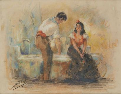 DIEY Yves (1892-1984) Romance à la fontaine, Pastel, signé en bas à gauche.
Dim.:...