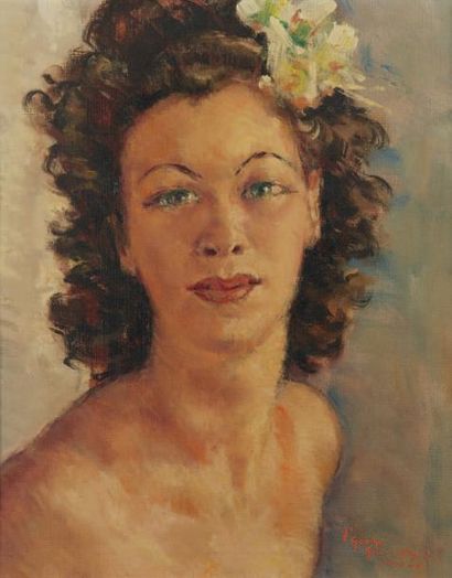 GUINEGAULT Georges Pierre (1893-1982) Brune à la fleur, 1941, Huile sur toile.
Signée...
