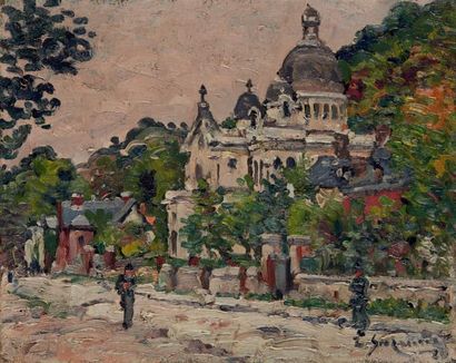 SUZANNE Léon (1870-1923) L'église d'Anfreville, 1920, Huile sur toile.
Signée et...