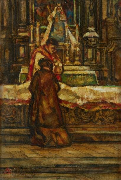 null DELAUNOIS Alfred, 1875-1941, La Sainte Communion, peinture sur carton, signature...