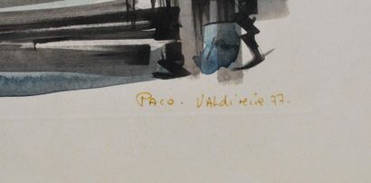 null Lithographie figurant un port. 

1977

Datée et signée en bas à droite "Paco...