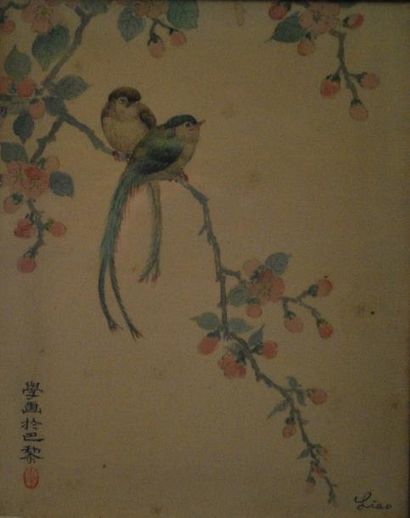 null LIAO

Peinture sur soie figurant deux oiseaux branchés dans des fleurs de cerisiers....