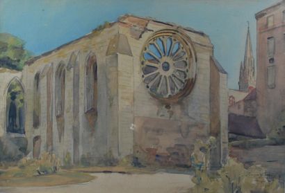 null Jacques DELATTREZ (XXe) 

Aquarelle figurant les ruines d'une église. Angers...