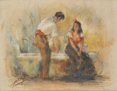 null DIEY Yves (1892-1984) Romance à la fontaine, pastel, signé en bas à gauche....