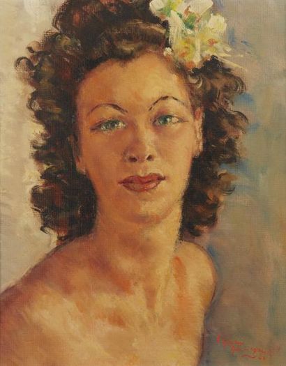 null GUINEGAULT Georges Pierre (1893-1982) Brune à la fleur, 1941, huile sur toile,...