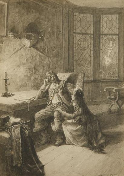 null FLAMENG François, 1856-1923, Scène chevaleresque, plume et lavis d'encre noire,...
