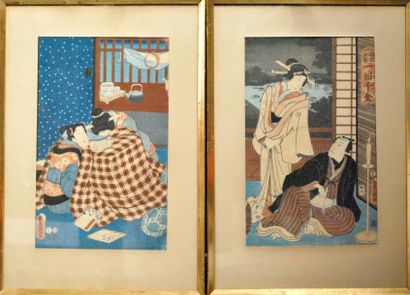 null Paire d'estampes gouachées figurant des scènes japonaises.

L'une signée en...