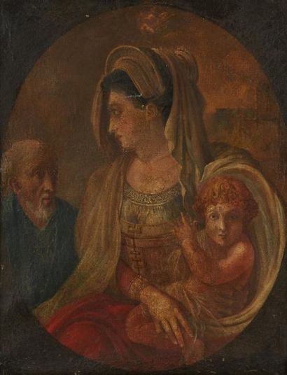 École Française du XIXe siècle 
Huile sur toile figurant une femme, son enfant et...