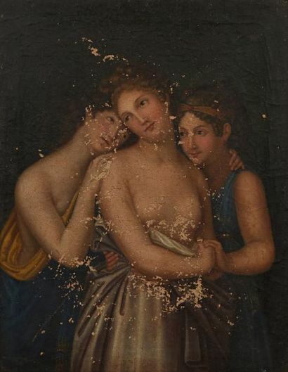 École FRANÇAISE du début du XIXe siècle 
Huile sur toile figurant trois jeunes filles.
Cadre...