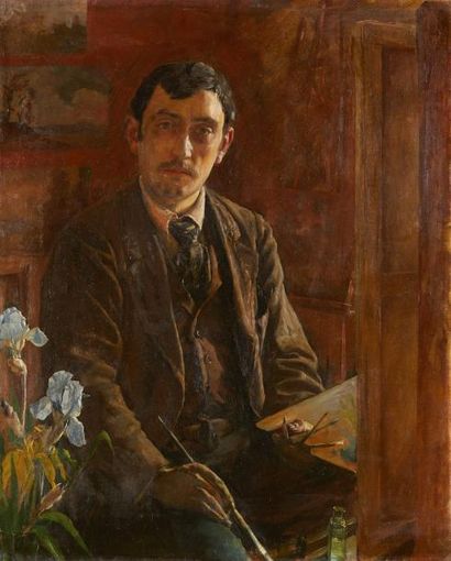 Edward LACOSTE (XIXe) 
Portrait de peintre dans son atelier (probablement un autoportrait).
Huile...