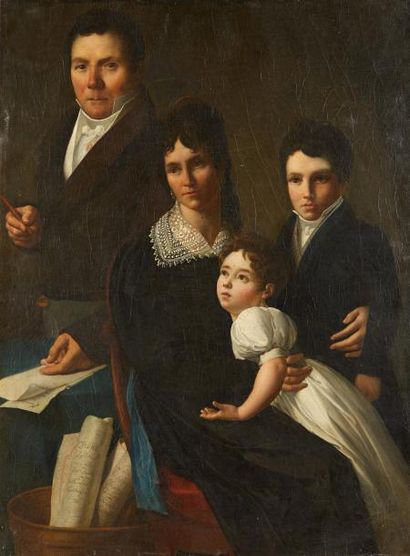 Ecole française vers 1810-20 
Portrait d'un entrepreneur et de sa famille.
Huile...
