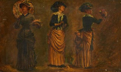 École FRANÇAISE de la fin du XIXe siècle 
Huile sur toile figurant trois élégantes.
Dim.:...