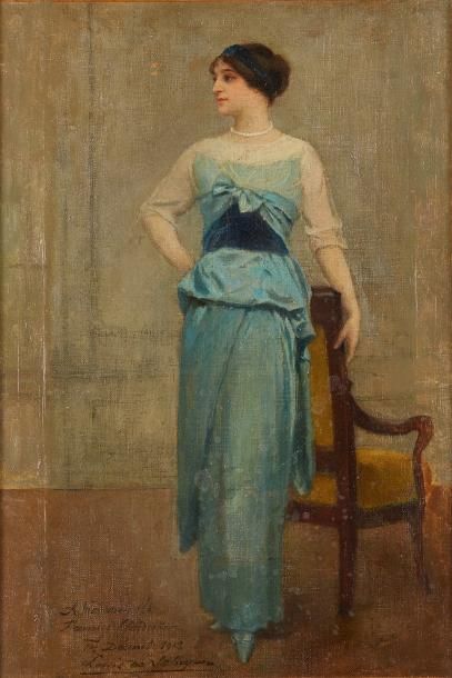Louis-Marie de SCHRYVNER (1862-1942) 
Jeune femme à la robe bleue.
Huile sur toile...