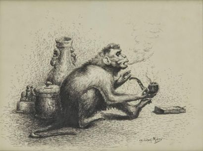 Charles-Léon MERY (1878-1921) 
La pipe du Maître
Dessin Dim.: 21 x 27 cm
