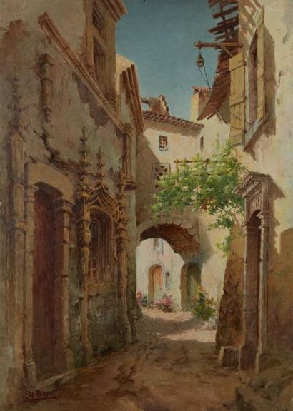 Antoine BARBIER (1859-1948) 
Huile sur panneau figurant une vue de rue de village.
Signée...