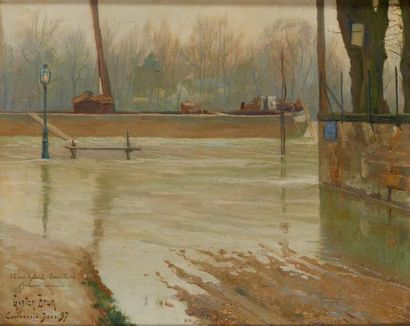 Gaston BRUN (1873-1916) 
Crue de la Seine à Courbevoie janvier 1897.
Huile sur toile...